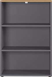 Frontale Ansicht eines grauen Aktenregals mit drei Regalböden und einer Holzoberfläche.