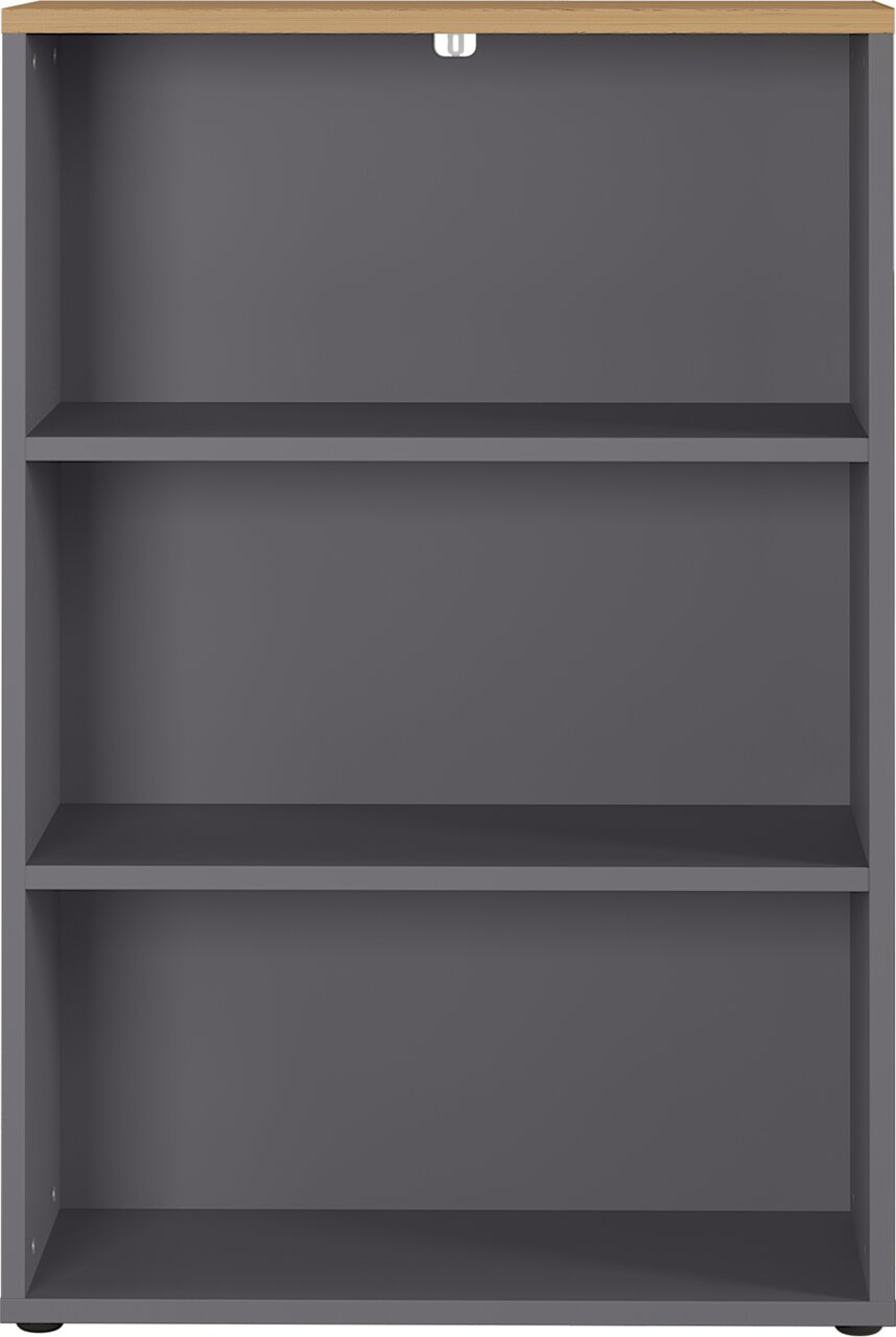 Frontale Ansicht eines grauen Aktenregals mit drei Regalböden und einer Holzoberfläche.