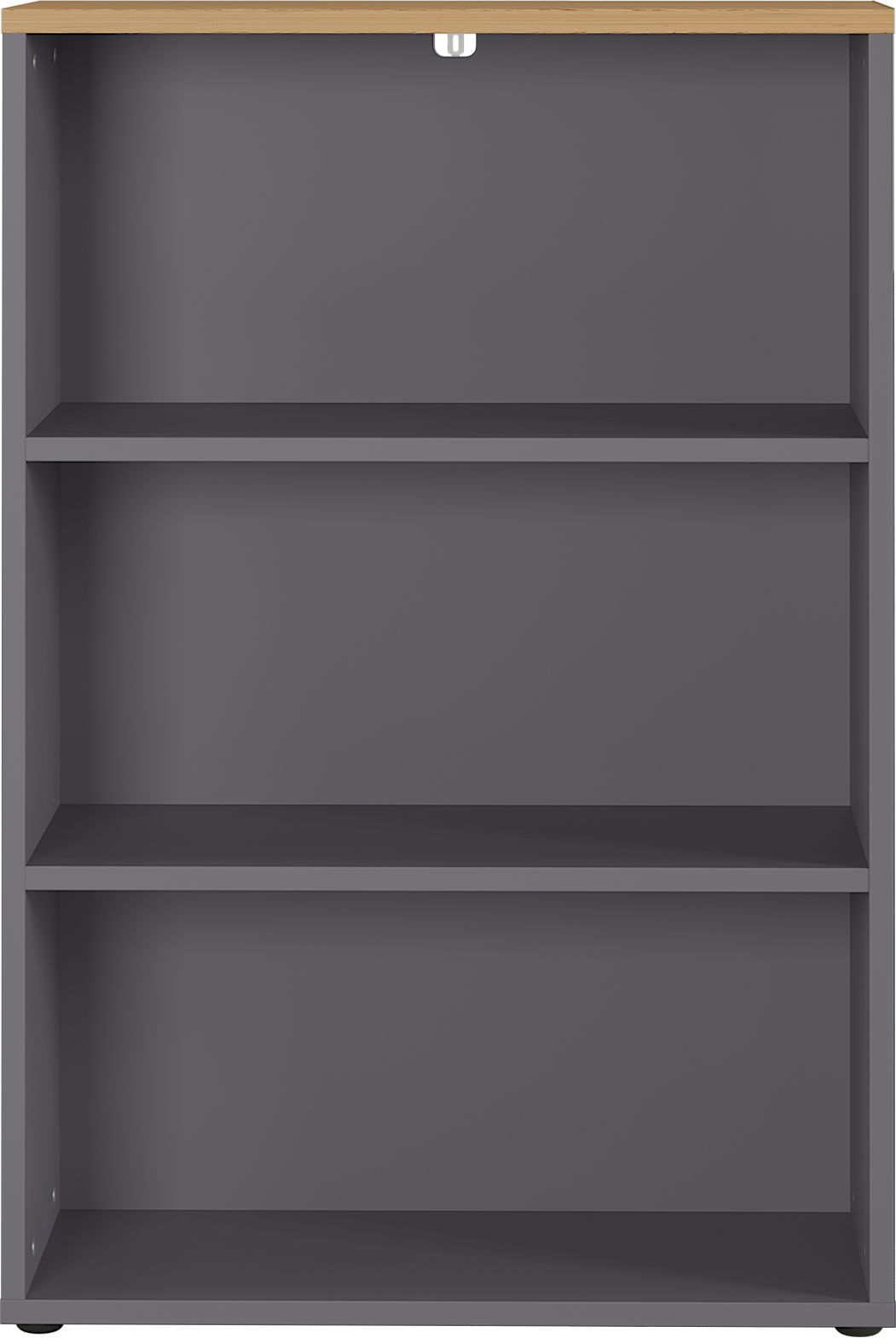 Frontale Ansicht eines grauen Aktenregals mit drei Regalböden und einer Holzoberfläche.