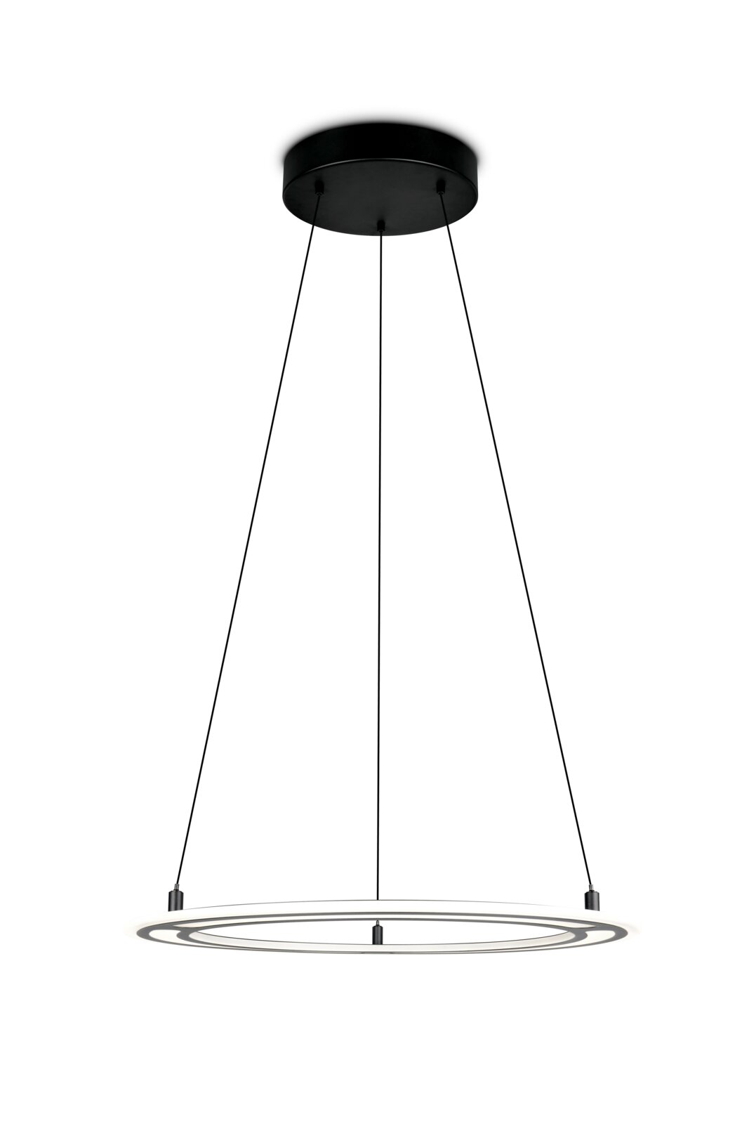Moderne schwarze Pendelleuchte mit kreisförmigem Design, seitliche Perspektive