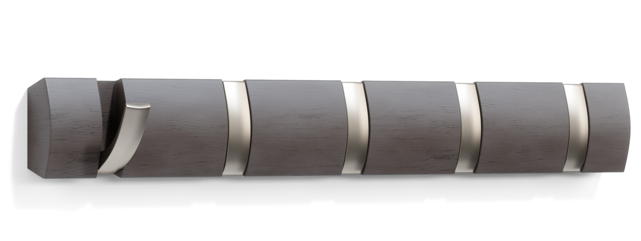 Moderne Wandgarderobe aus dunklem Holz mit ausklappbaren Haken, seitliche Perspektive