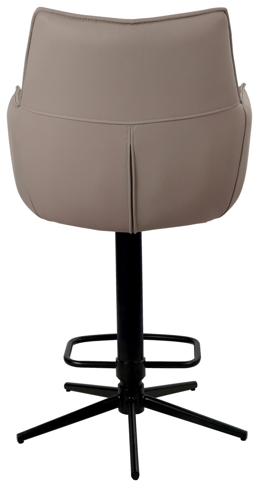 Rückansicht eines Barstuhls mit schwarzem Metallgestell und beigem Sitz.