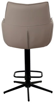 Rückansicht eines Barstuhls mit schwarzem Metallgestell und beigem Sitz.