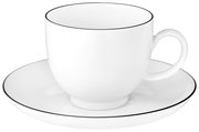 Weiße Tasse mit Untertasse, schwarzer Rand, seitliche Perspektive