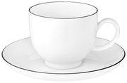 Weiße Tasse mit Untertasse, schwarzer Rand, seitliche Perspektive