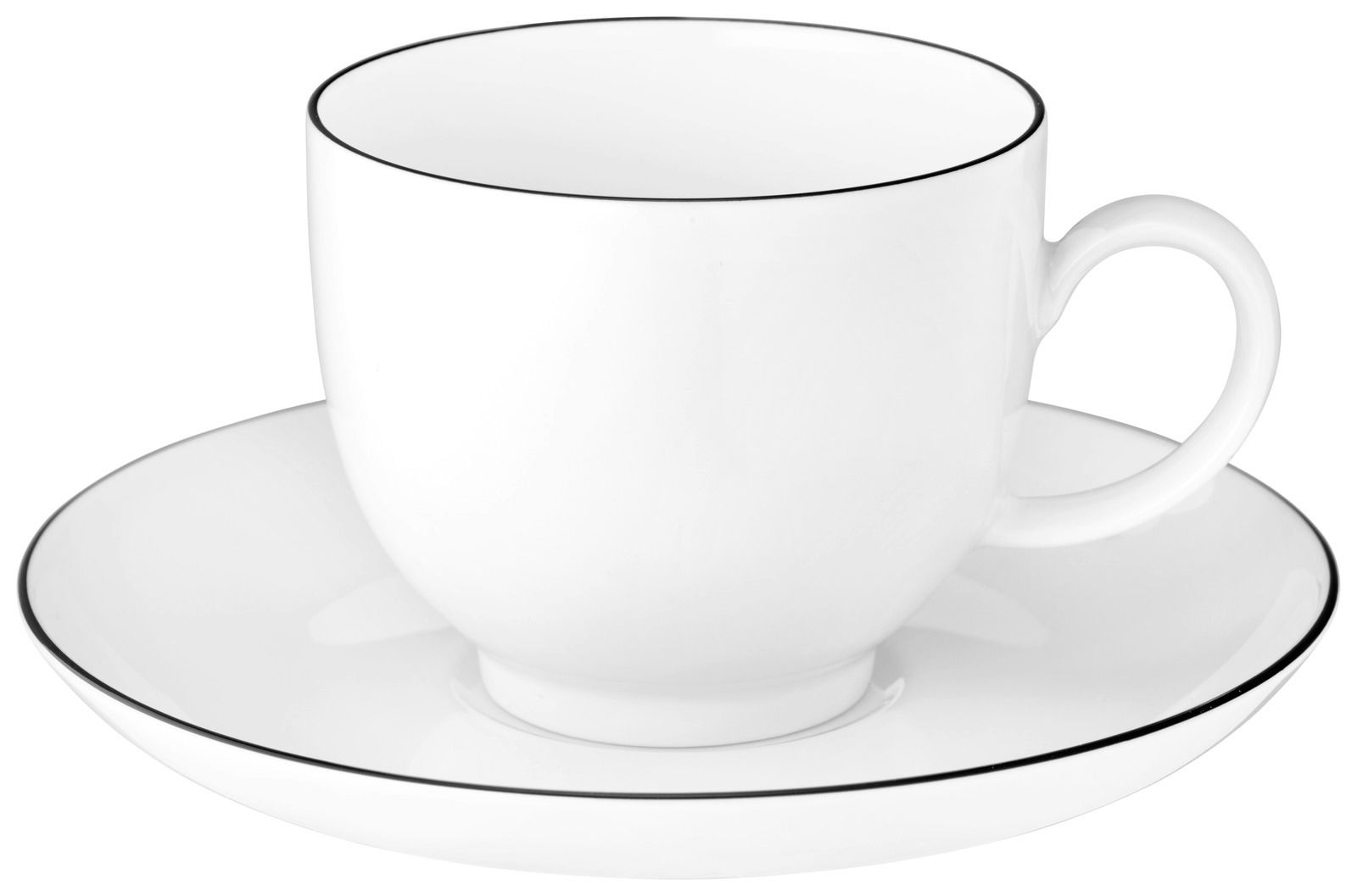Weiße Tasse mit Untertasse, schwarzer Rand, seitliche Perspektive