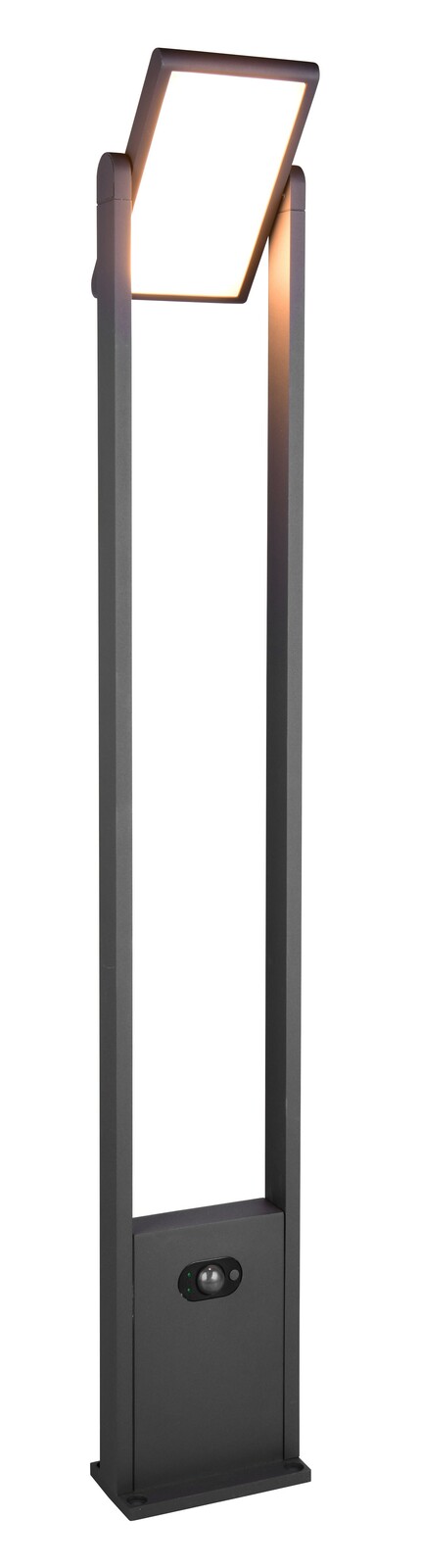 Moderne Außenleuchte mit rechteckigem Leuchtkopf und schlankem, dunklem Pfosten, frontal abgebildet.