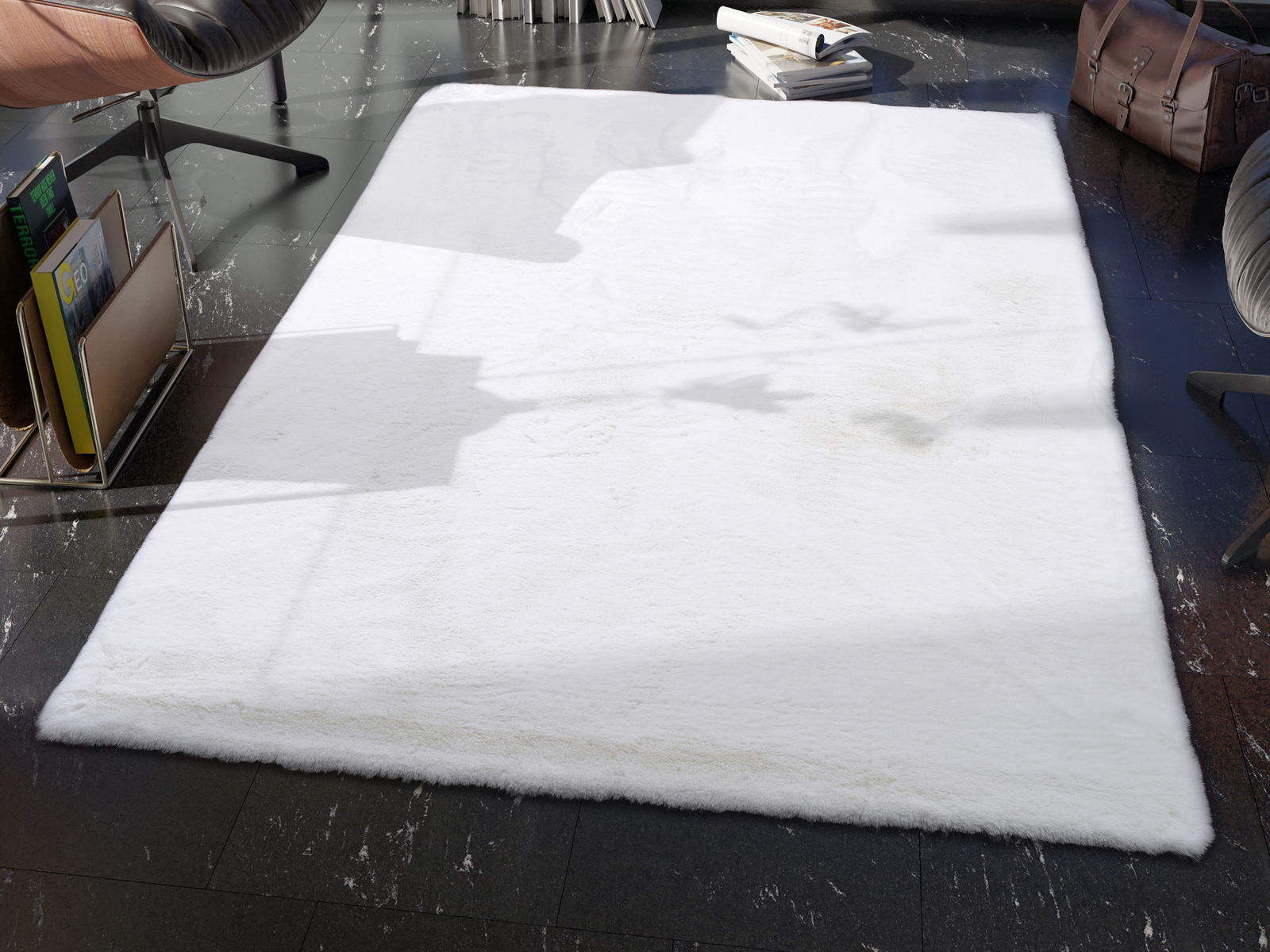 OCI Fellteppich ROCKY SOFT Weißer Fellteppich in einem modernen Raum, von oben betrachtet, mit Möbeln und Zeitschriften im Hintergrund.