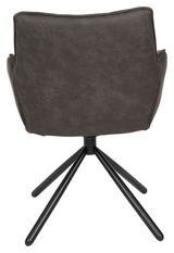 Rückansicht eines Armlehnstuhls mit schwarzem Metallgestell und dunkelgrauer Polsterung.