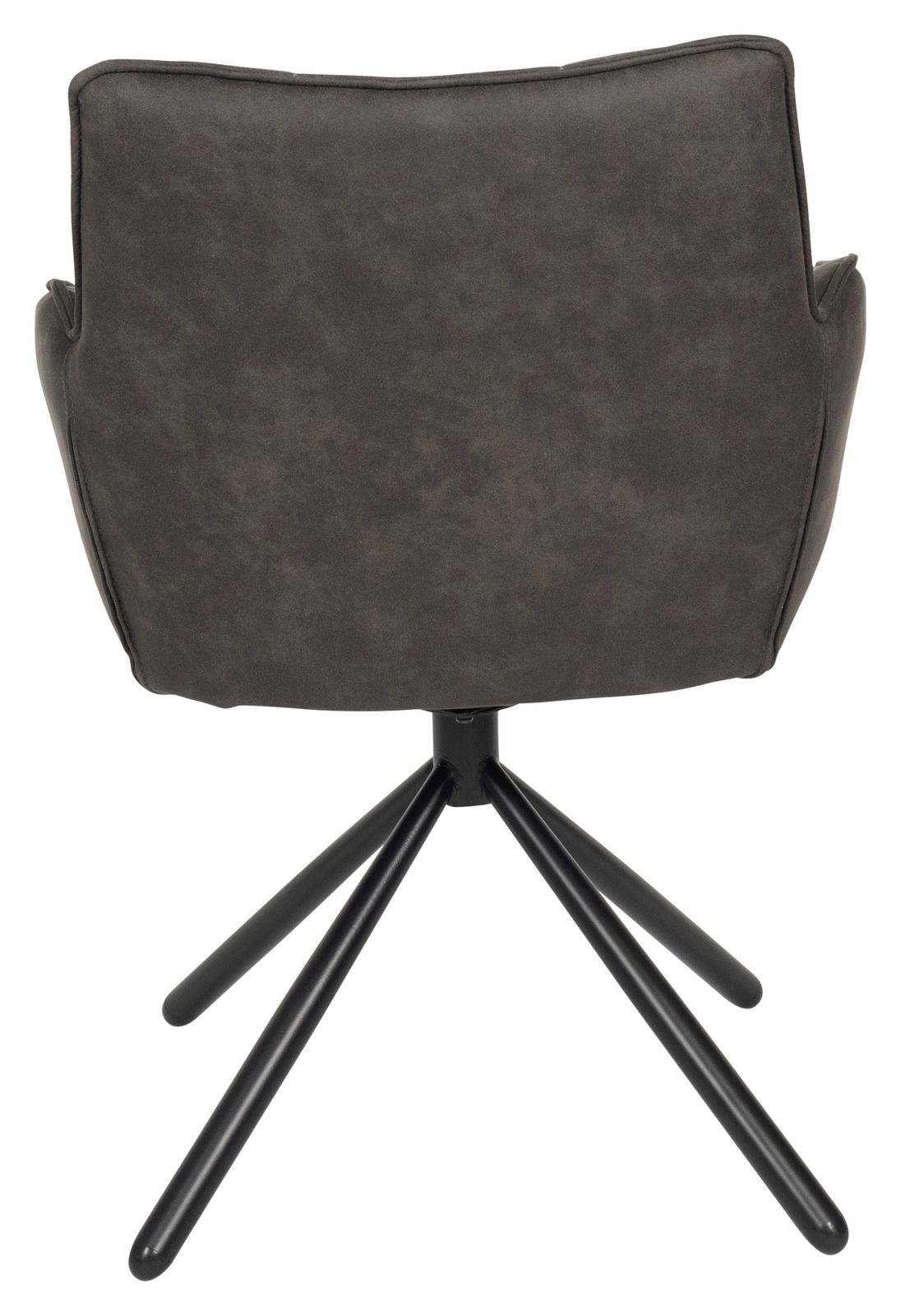 Rückansicht eines Armlehnstuhls mit schwarzem Metallgestell und dunkelgrauer Polsterung.