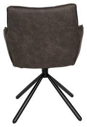 Rückansicht eines Armlehnstuhls mit schwarzem Metallgestell und dunkelgrauer Polsterung.