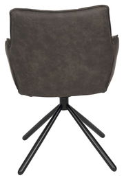 Rückansicht eines Armlehnstuhls mit schwarzem Metallgestell und dunkelgrauer Polsterung.