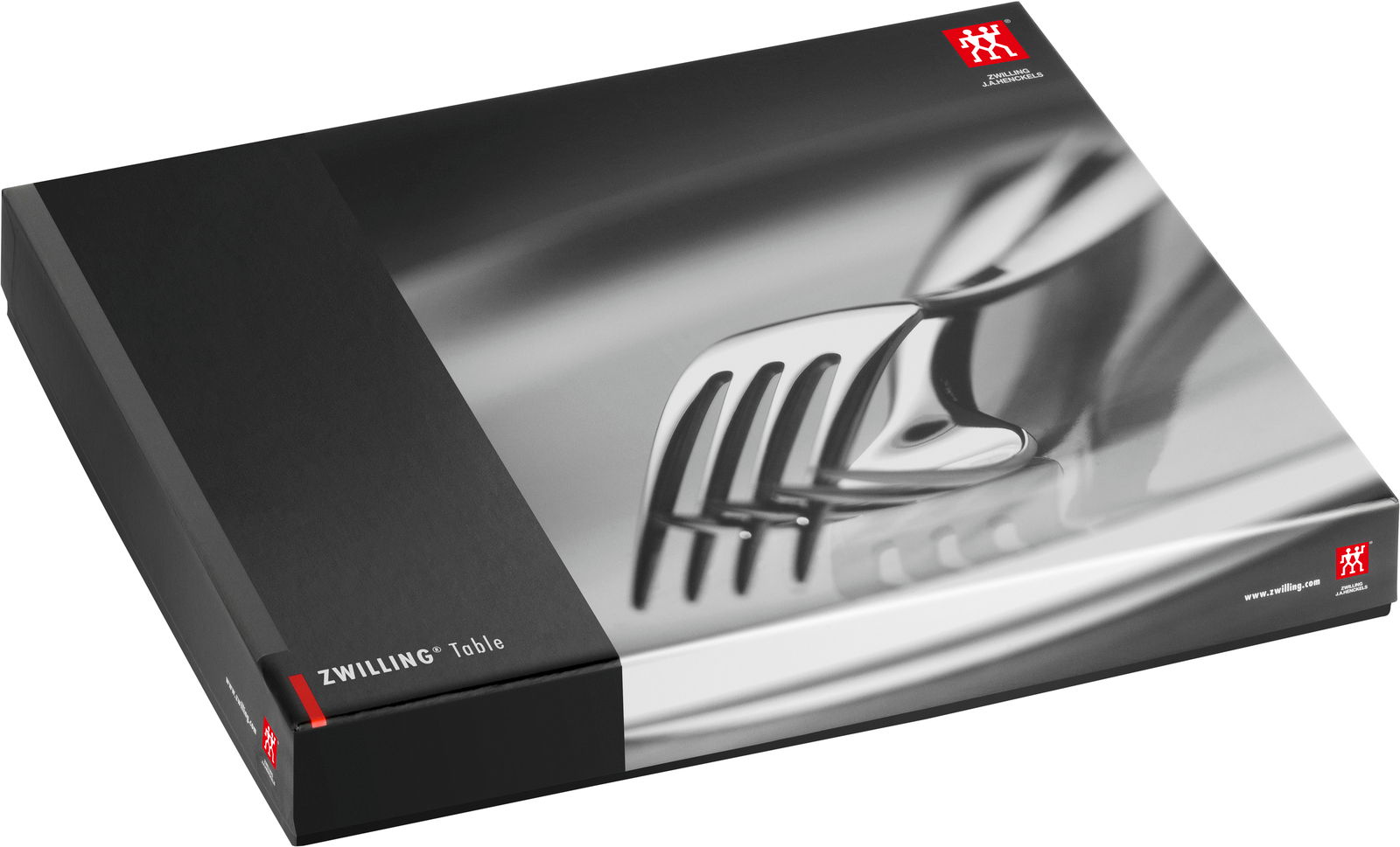 Verpackung des 30-teiligen Bestecksets Aberdeen von ZWILLING, schräg von oben fotografiert, mit Nahaufnahme eines glänzenden Gabelkopfes auf der Vorderseite.