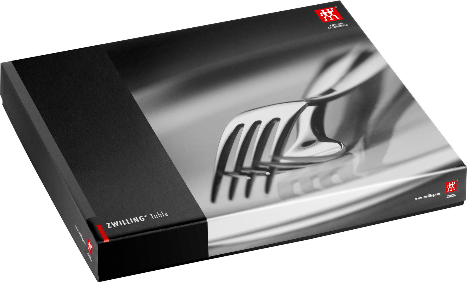 Verpackung des 30-teiligen Bestecksets Aberdeen von ZWILLING, schräg von oben fotografiert, mit Nahaufnahme eines glänzenden Gabelkopfes auf der Vorderseite.