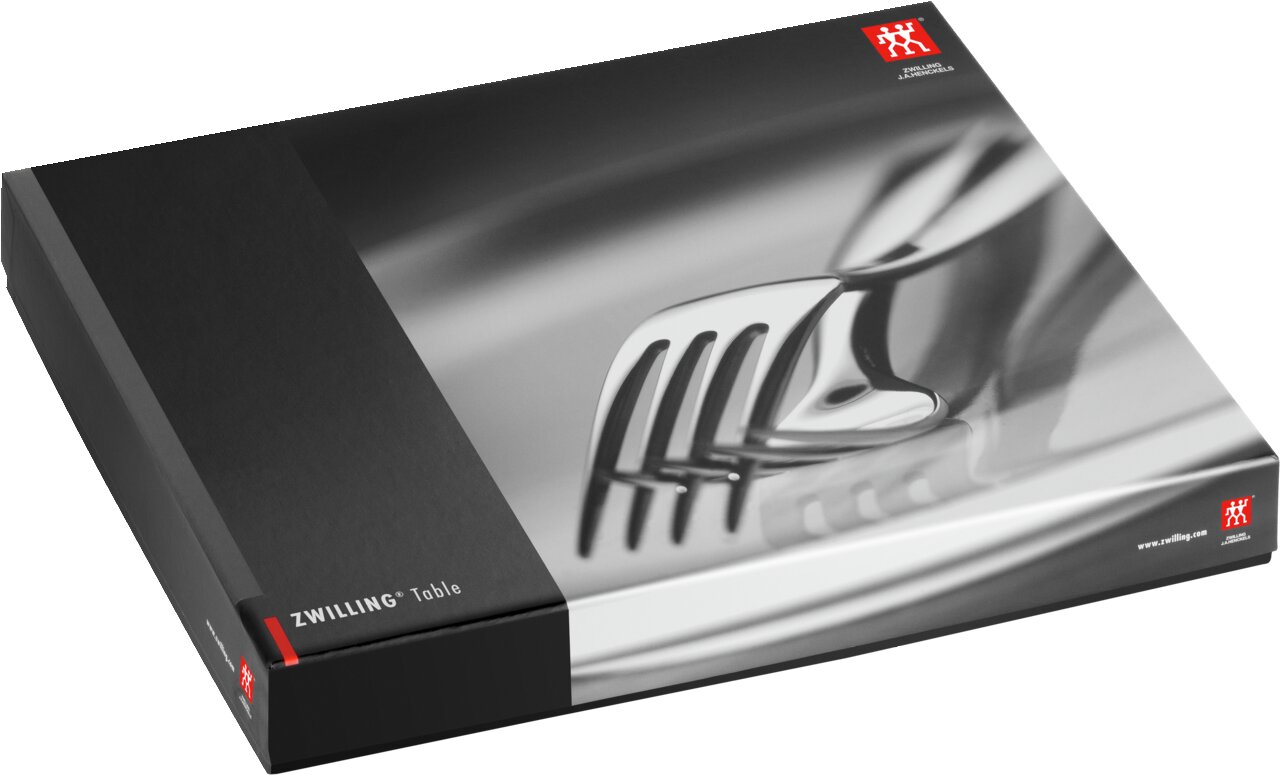 Verpackung des 30-teiligen Bestecksets Aberdeen von ZWILLING, schräg von oben fotografiert, mit Nahaufnahme eines glänzenden Gabelkopfes auf der Vorderseite.