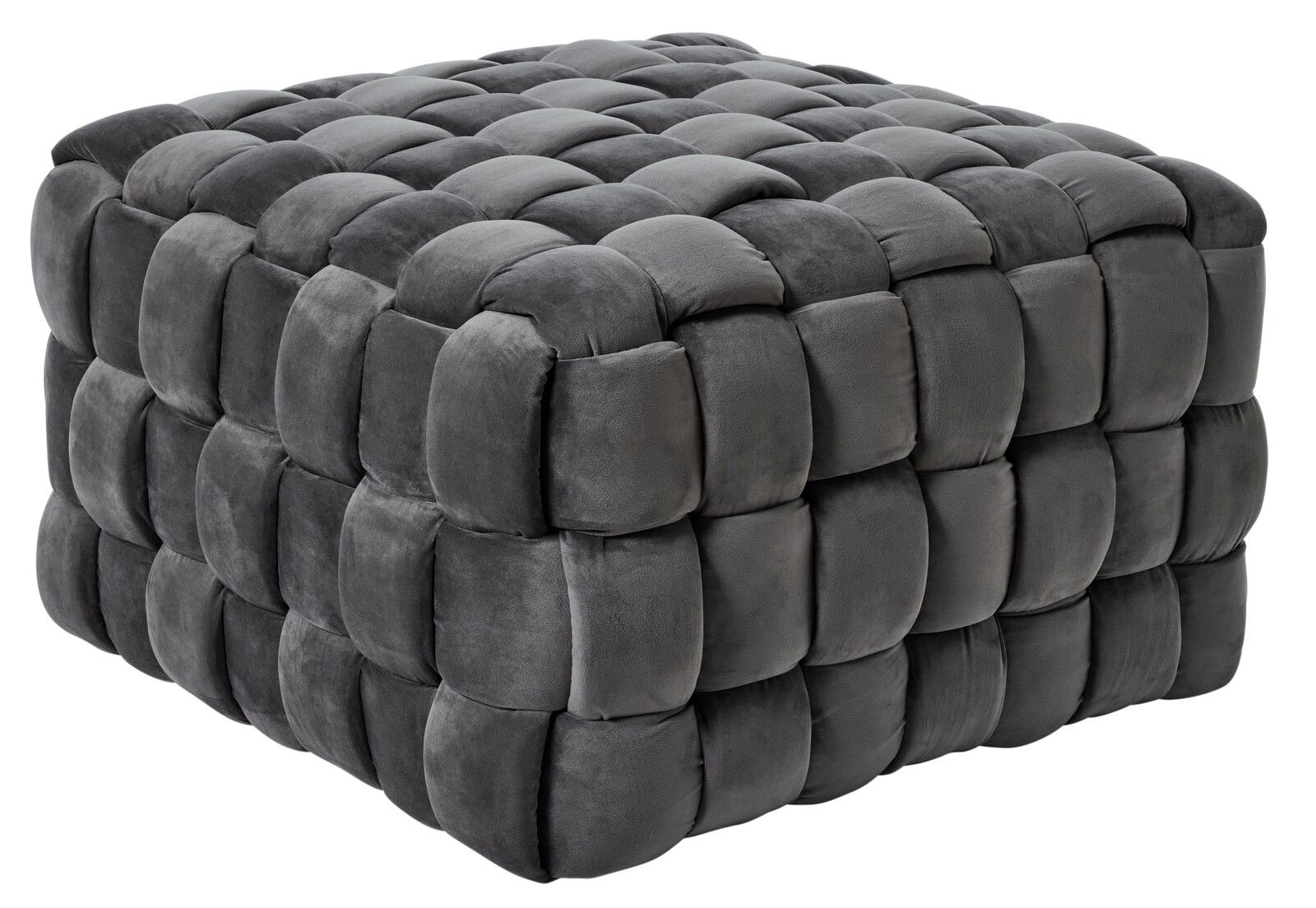 Grauer, gepolsterter Hocker in Würfelform mit geflochtenem Design, seitliche Perspektive