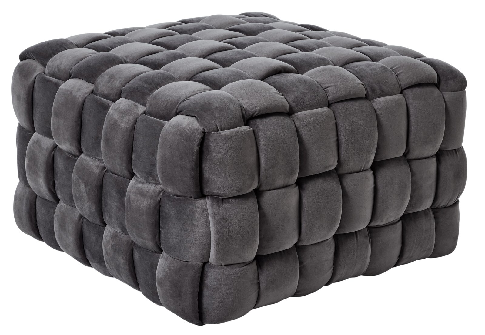 Jahnke Hocker WEB ART Grauer, gepolsterter Hocker in Würfelform mit geflochtenem Design, seitliche Perspektive