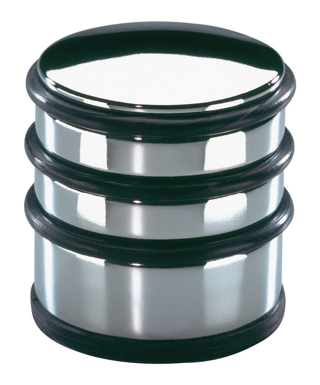 Türstopper aus Metall mit glänzender Oberfläche, zylindrische Form, seitliche Perspektive