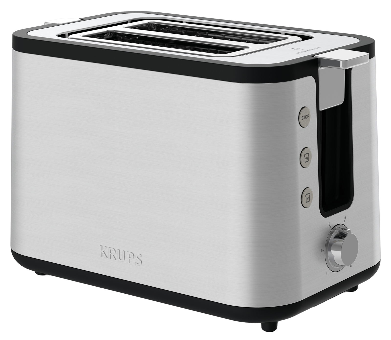 Krups Toaster CONTROL LINE Silberner Toaster mit zwei Schlitzen, seitlichen Bedienelementen und Drehknopf, Perspektive von vorne rechts