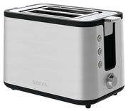 Silberner Toaster mit zwei Schlitzen, seitlichen Bedienelementen und Drehknopf, Perspektive von vorne rechts