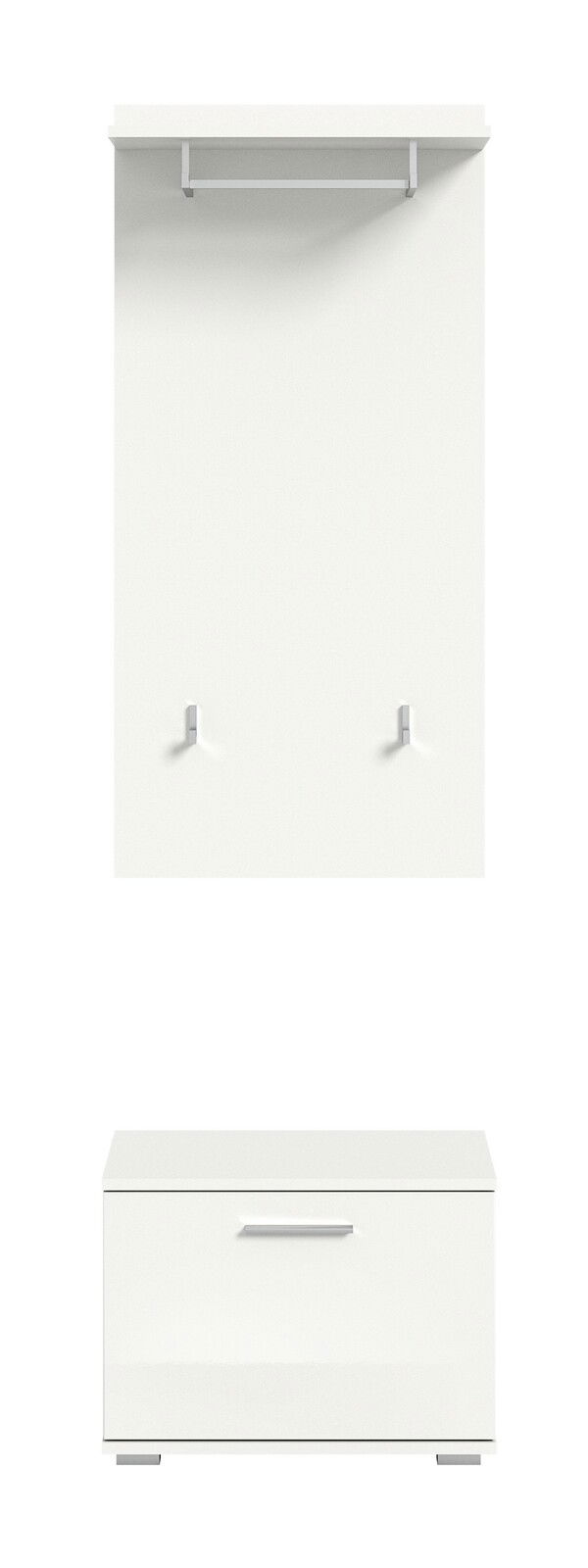 Weiße Garderobenkombination bestehend aus einer Wandpaneele mit Kleiderstange und Haken sowie einer Schuhbank, frontal betrachtet.