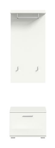 Weiße Garderobenkombination bestehend aus einer Wandpaneele mit Kleiderstange und Haken sowie einer Schuhbank, frontal betrachtet.