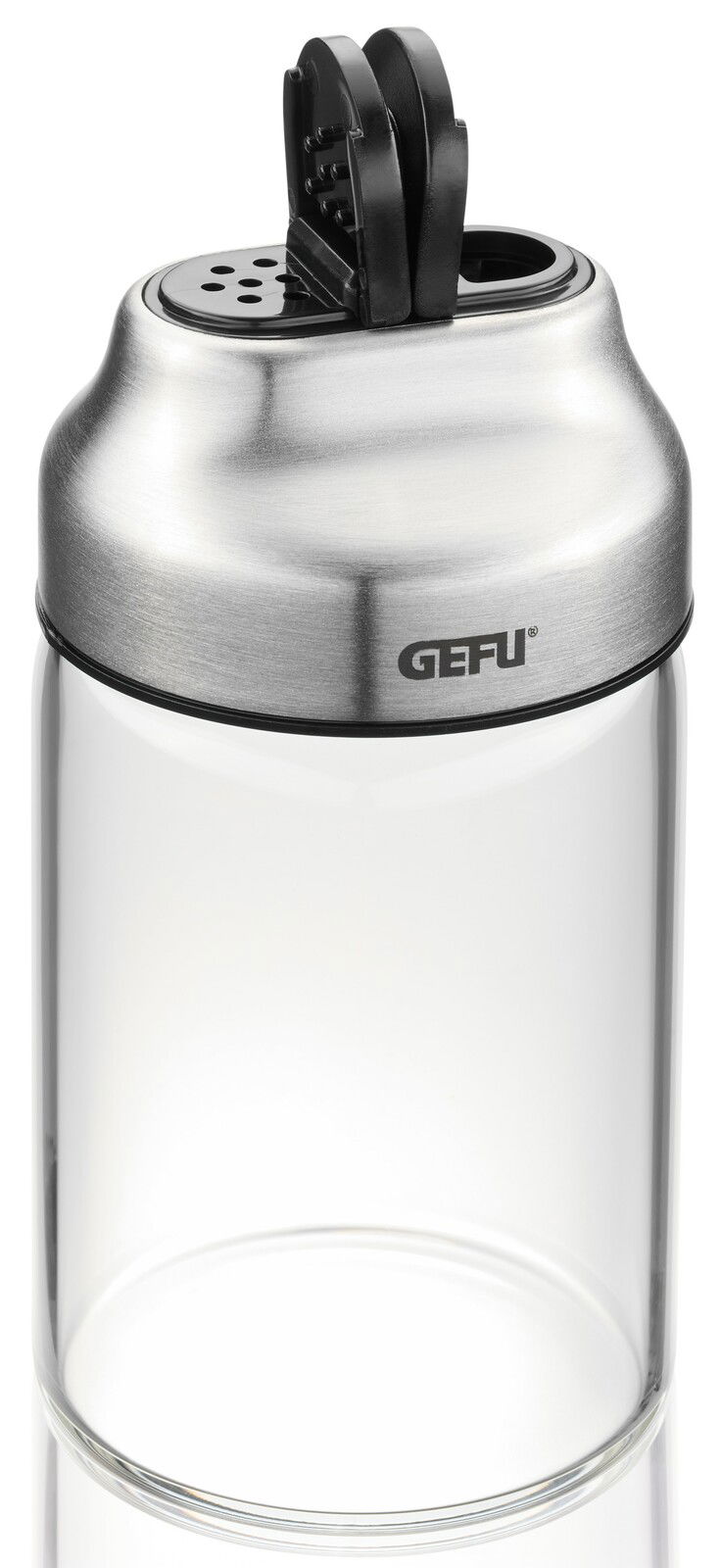 Gewürz- und Kräuterstreuer aus Glas und Edelstahl mit schwarzem Deckel, seitliche Perspektive