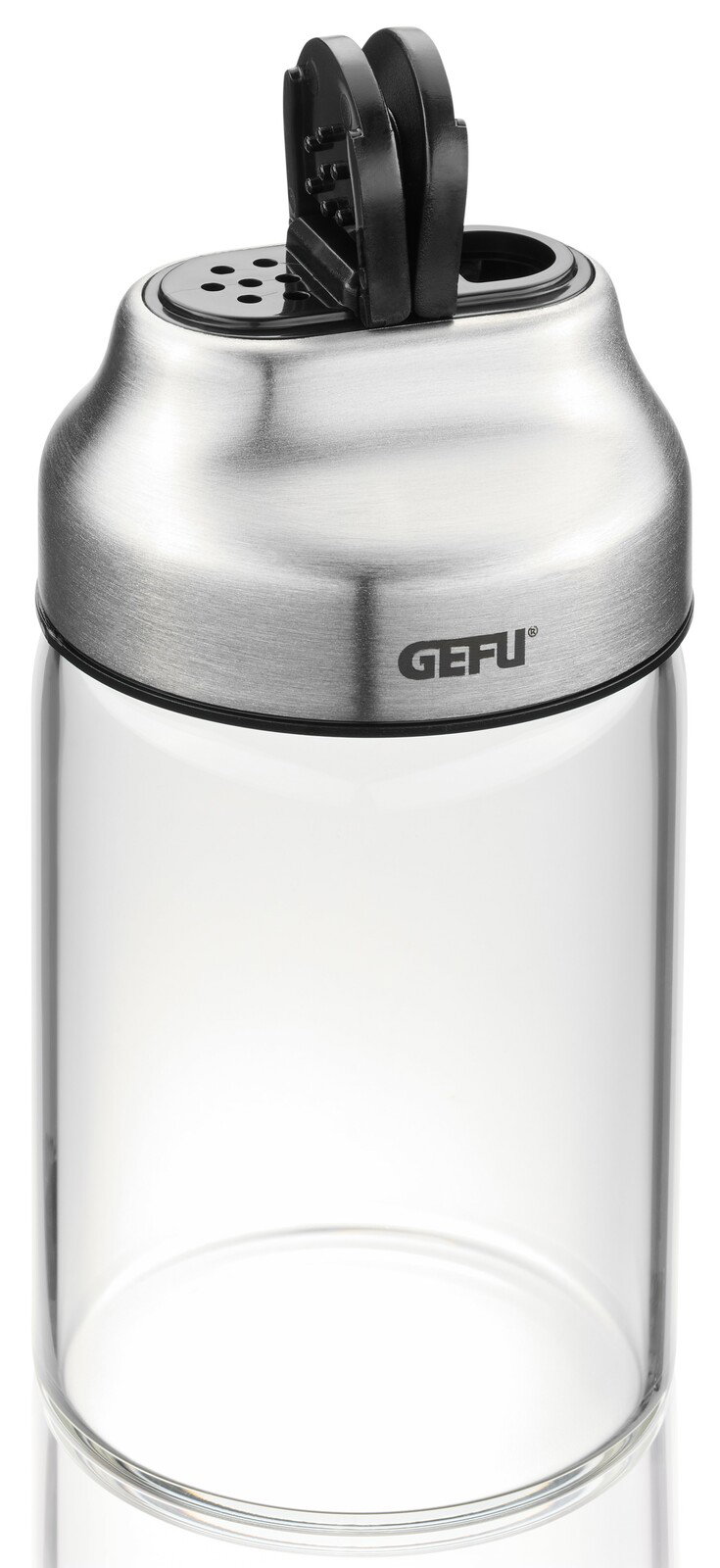 Gewürz- und Kräuterstreuer aus Glas und Edelstahl mit schwarzem Deckel, seitliche Perspektive