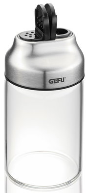 Gewürz- und Kräuterstreuer aus Glas und Edelstahl mit schwarzem Deckel, seitliche Perspektive