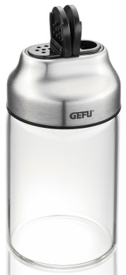 Gewürz- und Kräuterstreuer aus Glas und Edelstahl mit schwarzem Deckel, seitliche Perspektive