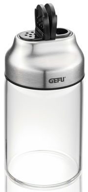Gewürz- und Kräuterstreuer aus Glas und Edelstahl mit schwarzem Deckel, seitliche Perspektive