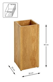 Massivholz-Standbehälter/Box in natürlicher Holzoptik, 45 cm hoch und 20 x 20 cm Grundfläche, geöffnet oben, in schräger Frontansicht von oben fotografiert.