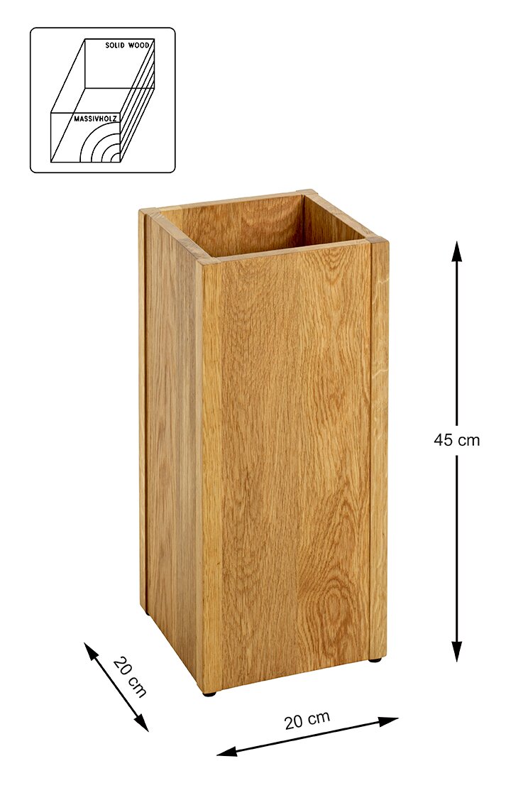 Massivholz-Standbehälter/Box in natürlicher Holzoptik, 45 cm hoch und 20 x 20 cm Grundfläche, geöffnet oben, in schräger Frontansicht von oben fotografiert.