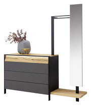 Moderne Anstellgarderobe mit Spiegel und Kommode, seitliche Perspektive