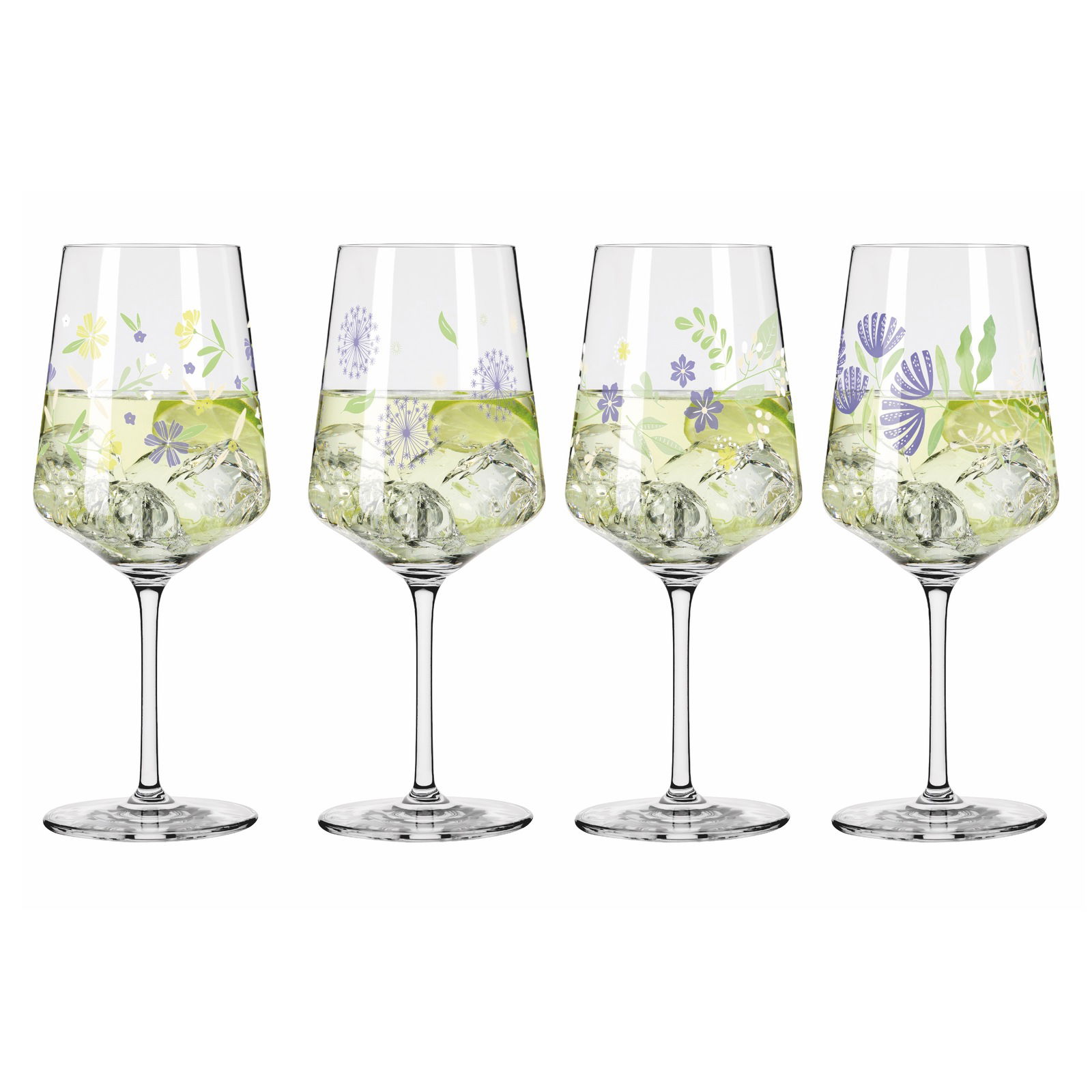 Ritzenhoff Hugo 4er-Set SOMMERTAU Vier elegante Weingläser mit floralen Mustern, gefüllt mit einem Getränk und Eiswürfeln, aus der Frontalperspektive.