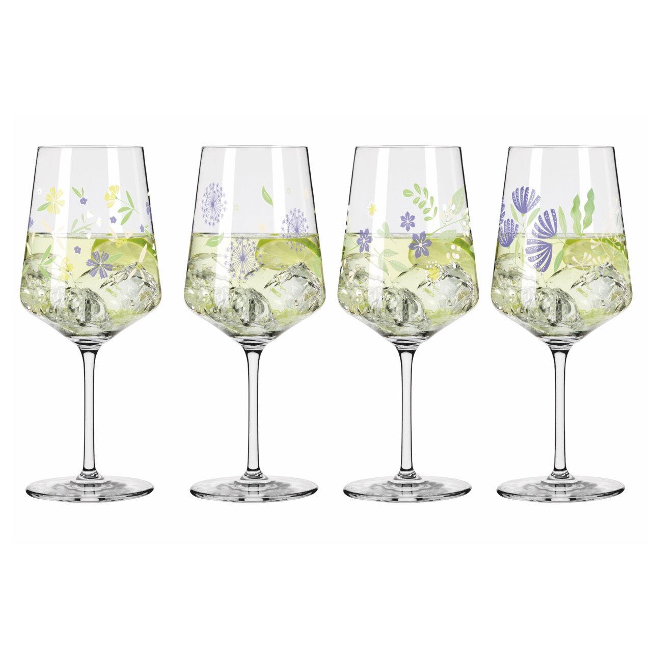 Ritzenhoff Hugo 4-delige set SOMMERTAU Vier elegante wijnglazen met bloemmotieven, gevuld met een drankje en ijsblokjes, gezien vanuit een vooraanzicht.