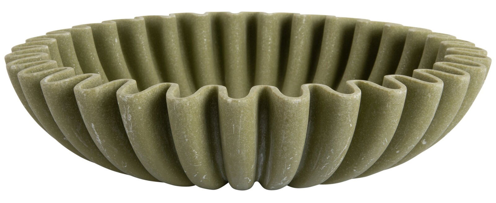 Große, dunkelgrüne Schale mit wellenförmigem Rand, seitliche Perspektive