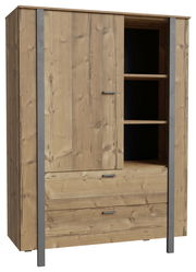 Hochwertiges Highboard aus Holz mit Metallakzenten, teilweise geöffnete Türen und Schubladen, seitliche Perspektive