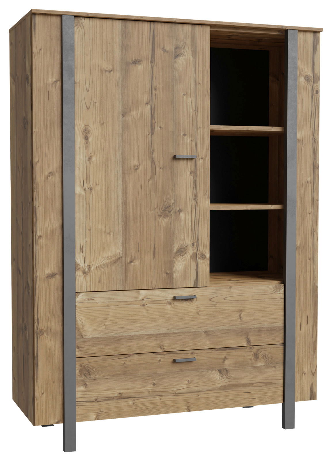 Hochwertiges Highboard aus Holz mit Metallakzenten, teilweise geöffnete Türen und Schubladen, seitliche Perspektive