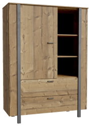 Hochwertiges Highboard aus Holz mit Metallakzenten, teilweise geöffnete Türen und Schubladen, seitliche Perspektive