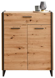 Frontansicht eines modernen Schuhschranks aus Holz mit zwei Türen und einer Schublade, dekoriert mit einer Lampe und einem Kerzenhalter auf der Oberseite.