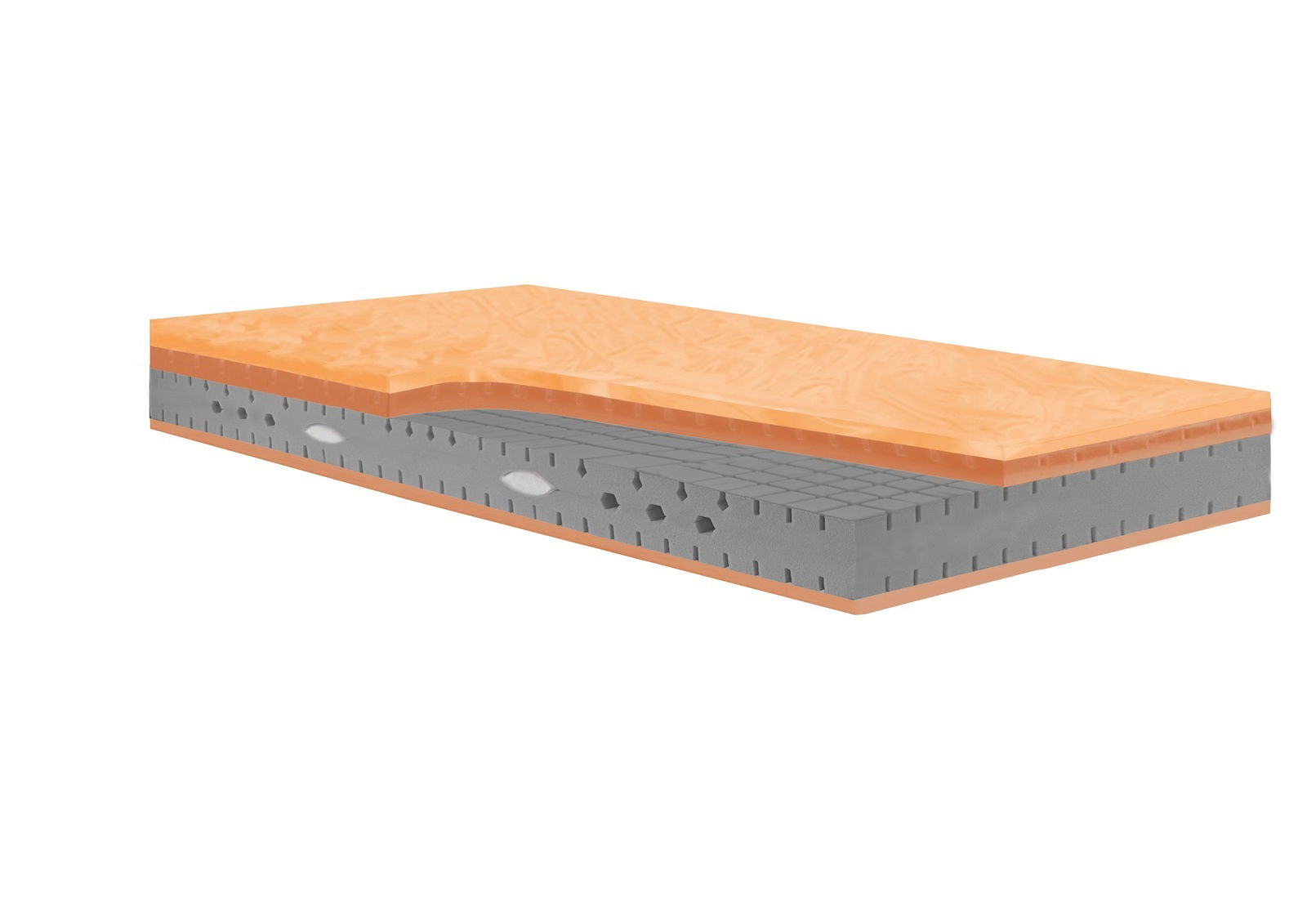 Querschnitt einer Kaltschaummatratze mit verschiedenen Schichten in Seitenansicht