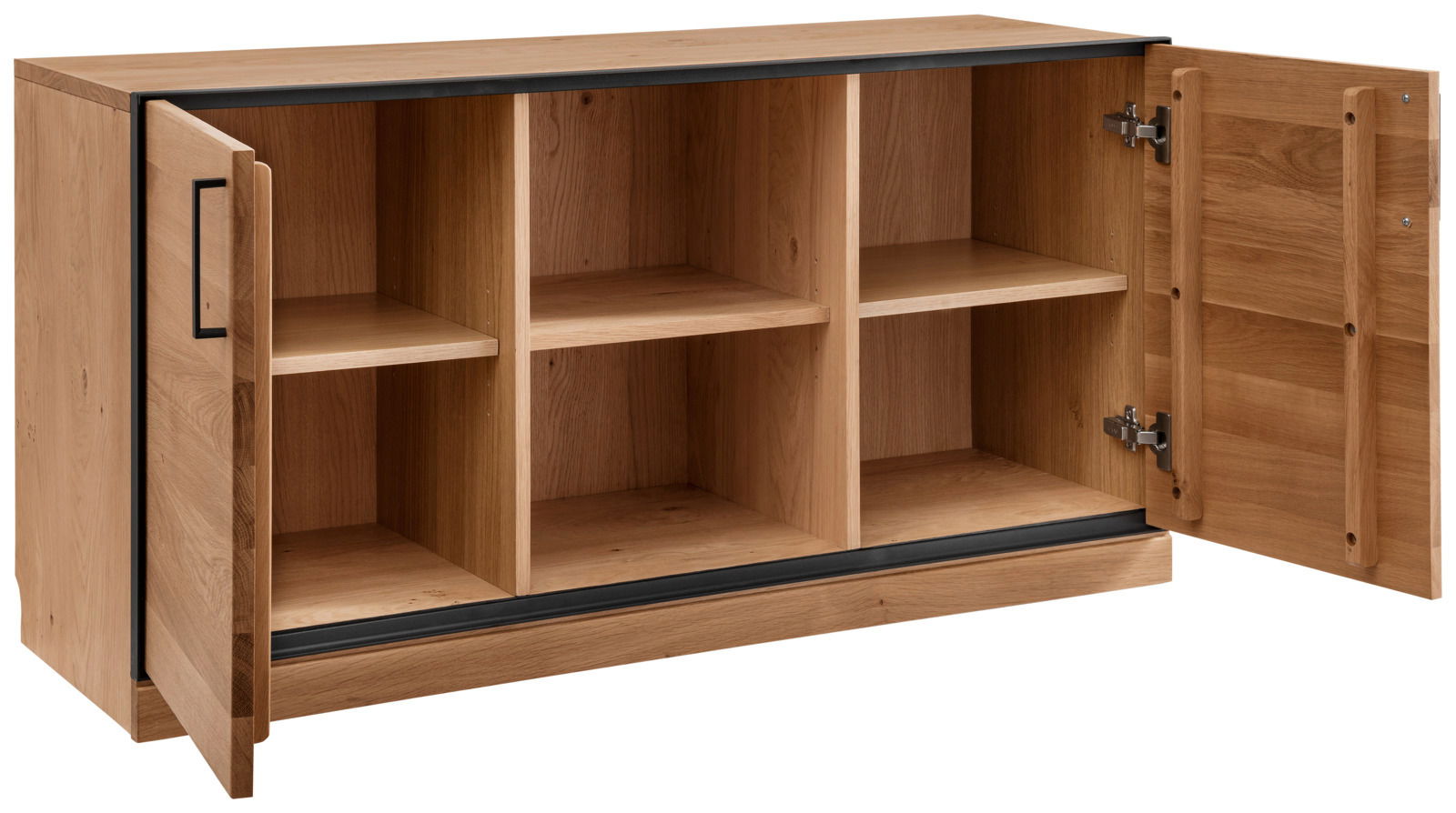 Holzkommode mit offenen Türen, zeigt sechs Fächer, Perspektive von vorne links