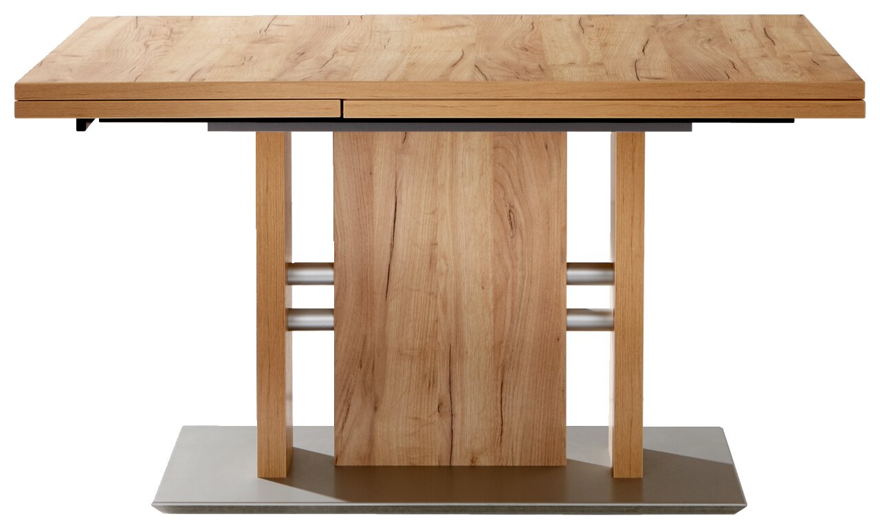 Moderner Esstisch aus Holz mit zentralem Standfuß, frontal betrachtet.