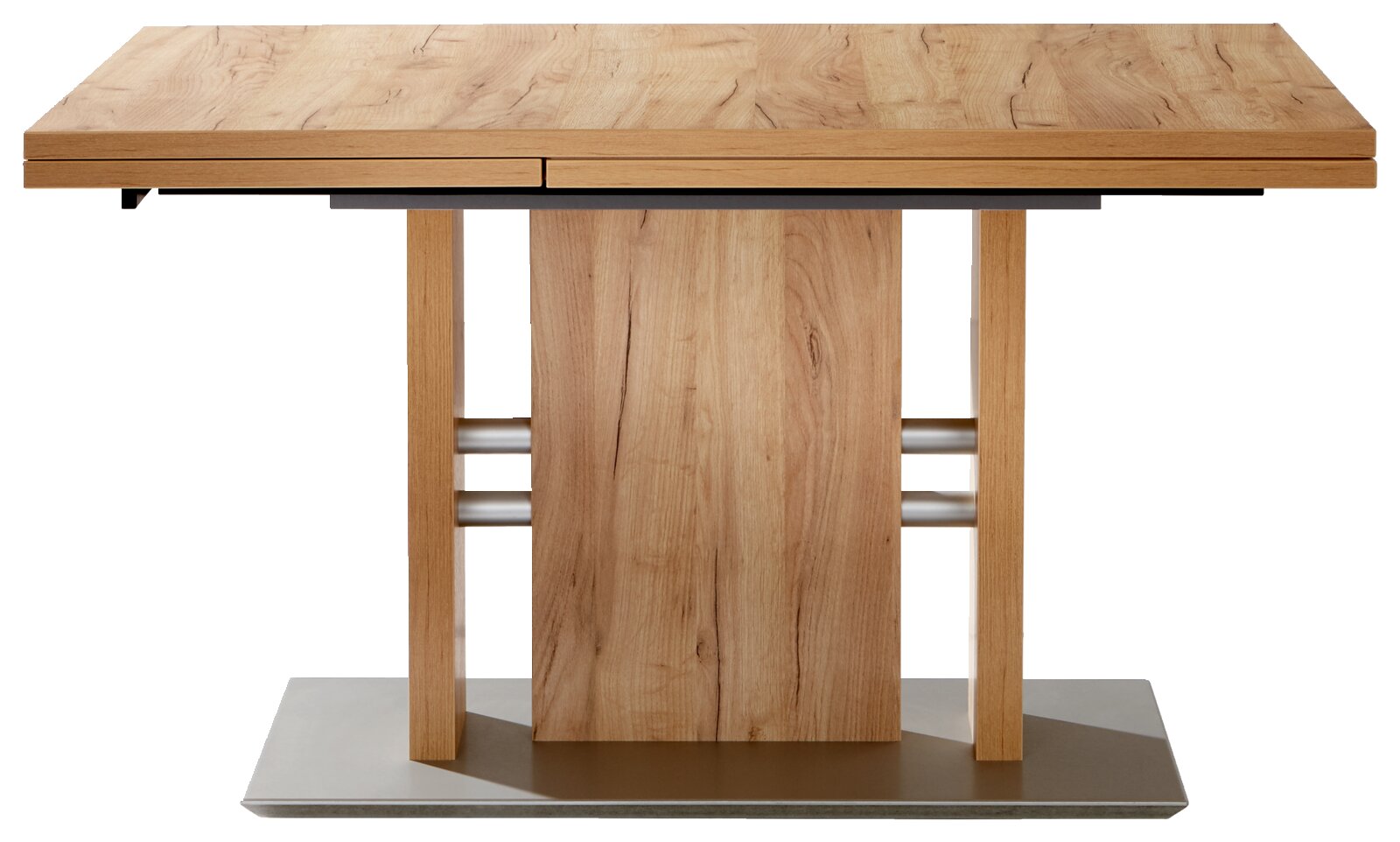 Moderne houten eettafel met centrale poot, gezien vanaf de voorkant.