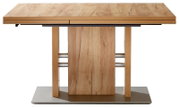 Moderne houten eettafel met centrale poot, gezien vanaf de voorkant.