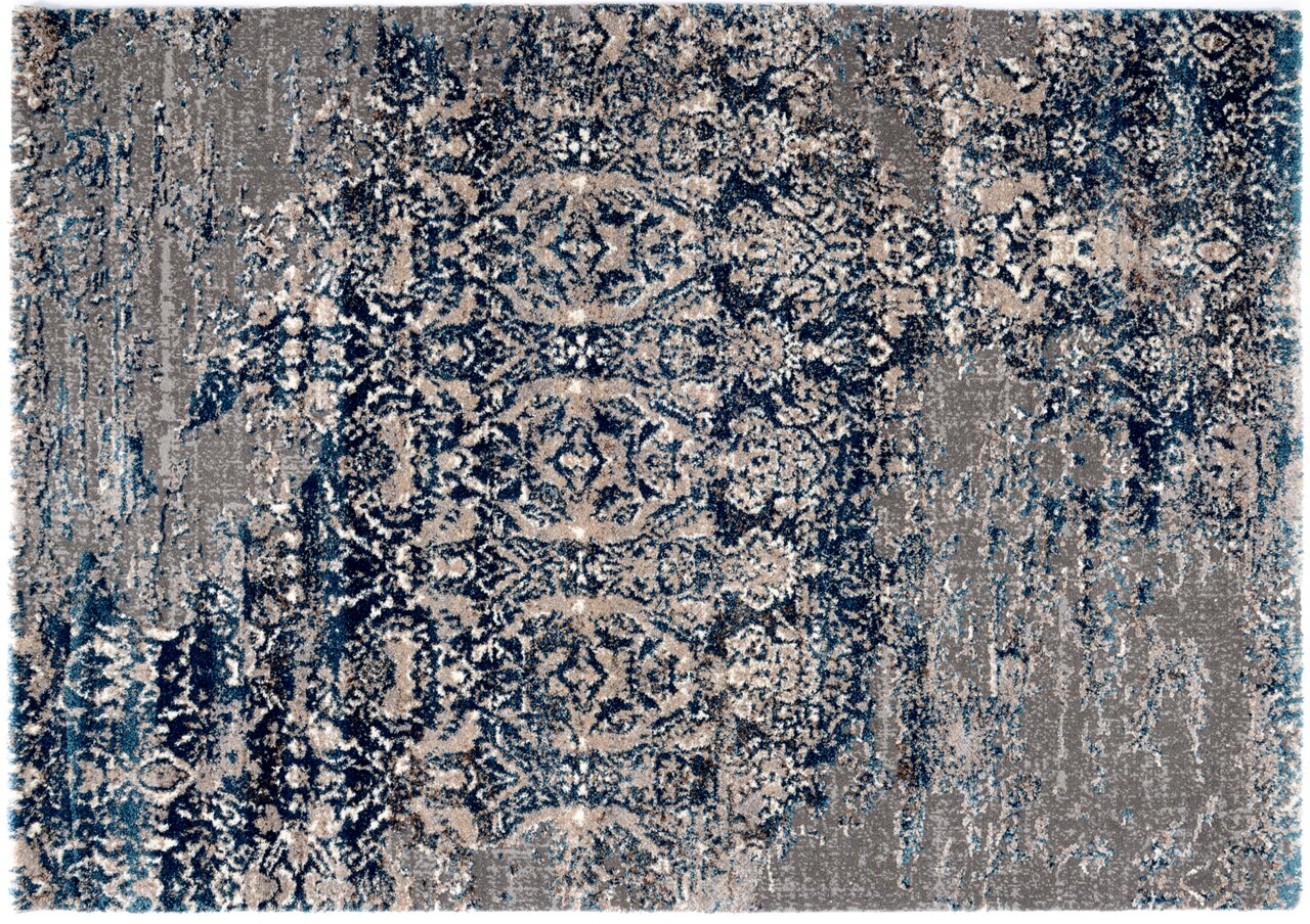 Designer Teppich mit abstraktem Muster in Blau- und Grautönen, Draufsicht