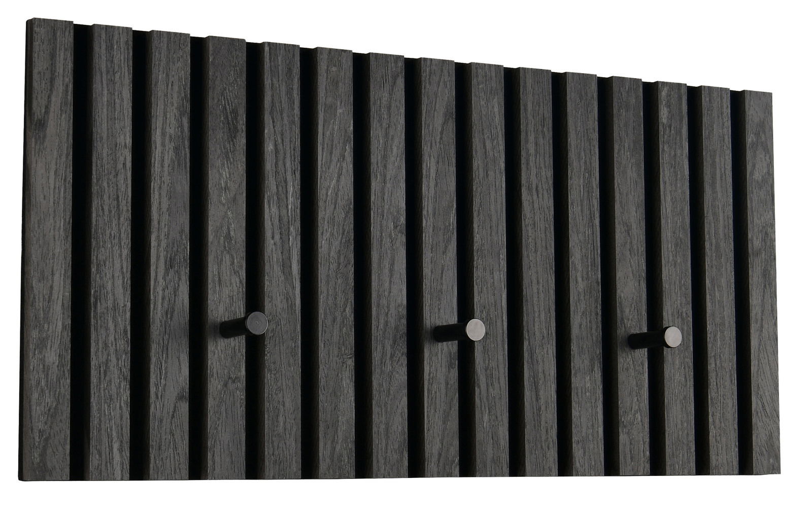 Schwarze Garderobenleiste mit vertikalen Holzstreifen und drei Haken, seitliche Perspektive