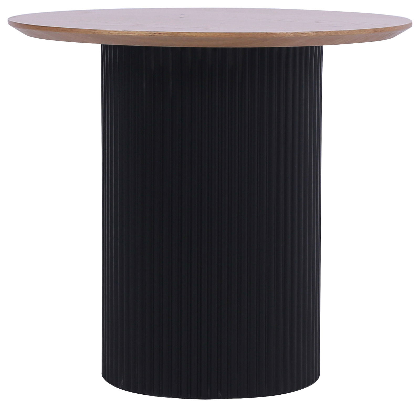 Runder Beistelltisch mit schwarzem, geriffeltem Sockel und Holzplatte, Frontalansicht