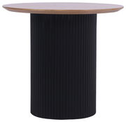 Runder Beistelltisch mit schwarzem, geriffeltem Sockel und Holzplatte, Frontalansicht